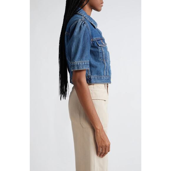 Veronica Beard Raina Blue Jean Denim Cropped Jacket Short Puff Sleeve | XL - Picture 10 of 13